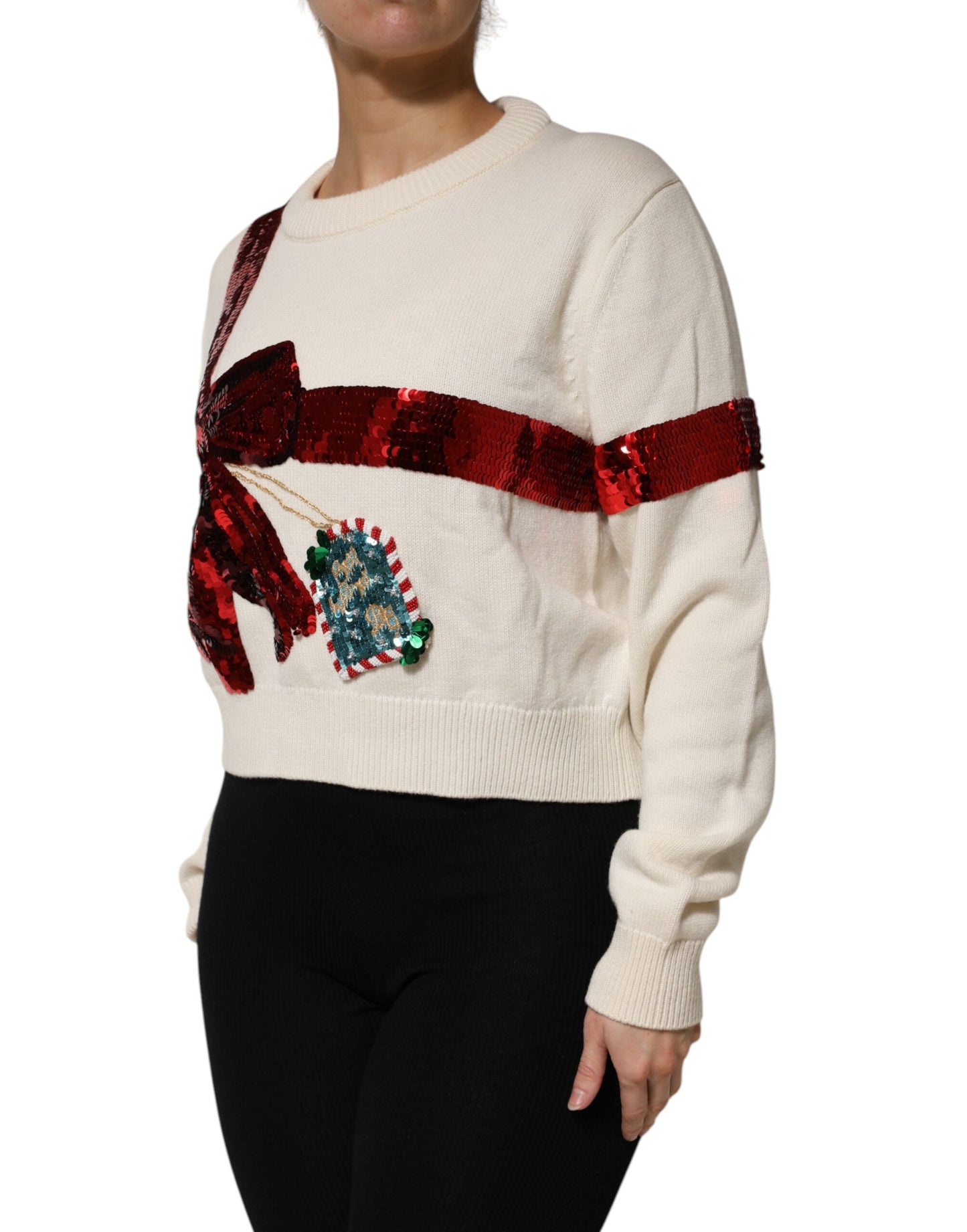 White Sequined Crew Neck Pullover Sweater