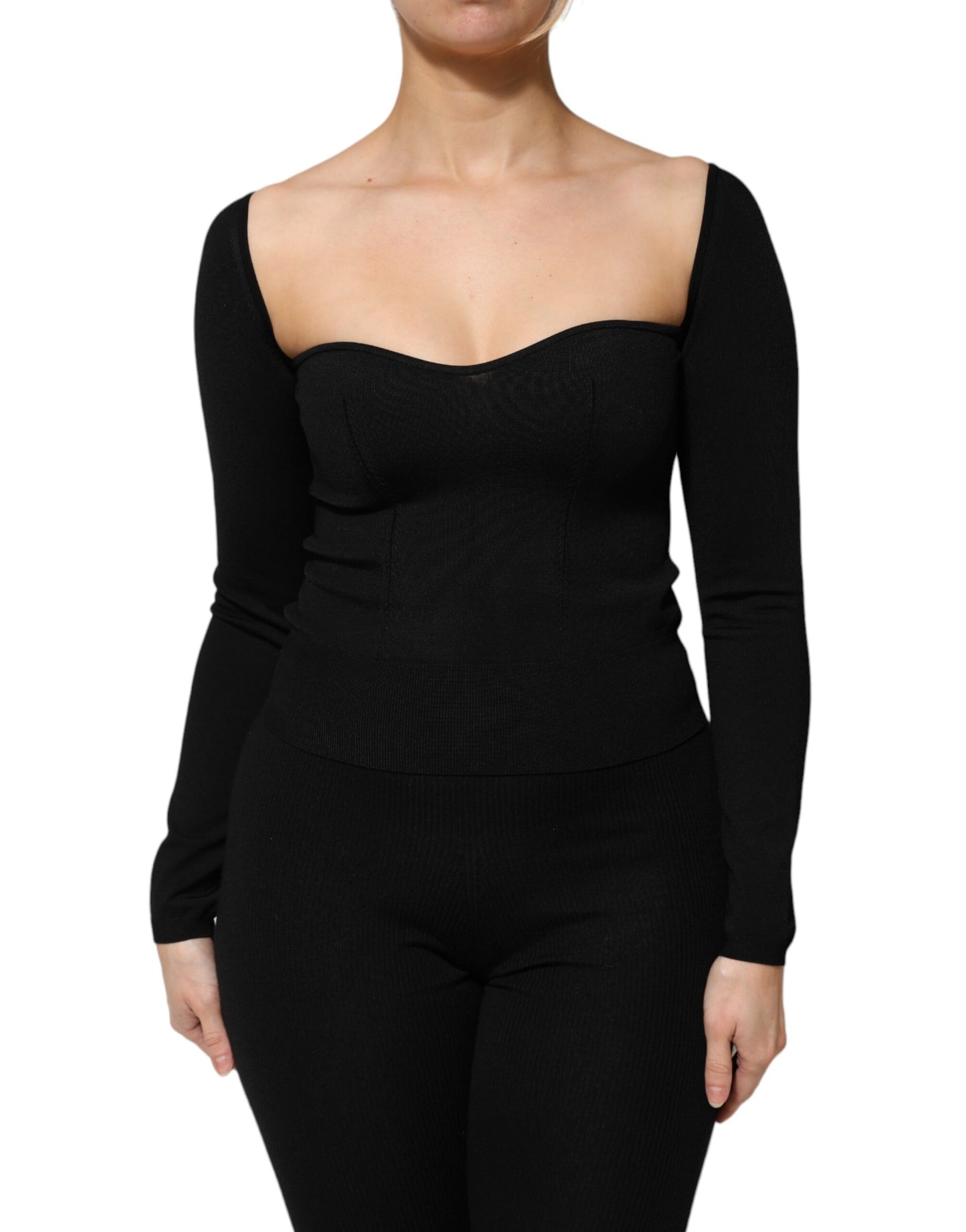 Black Viscose Long Sleeve Pullover Blouse Top