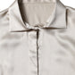 Beige Satin Silk Collared Long Sleeves Top