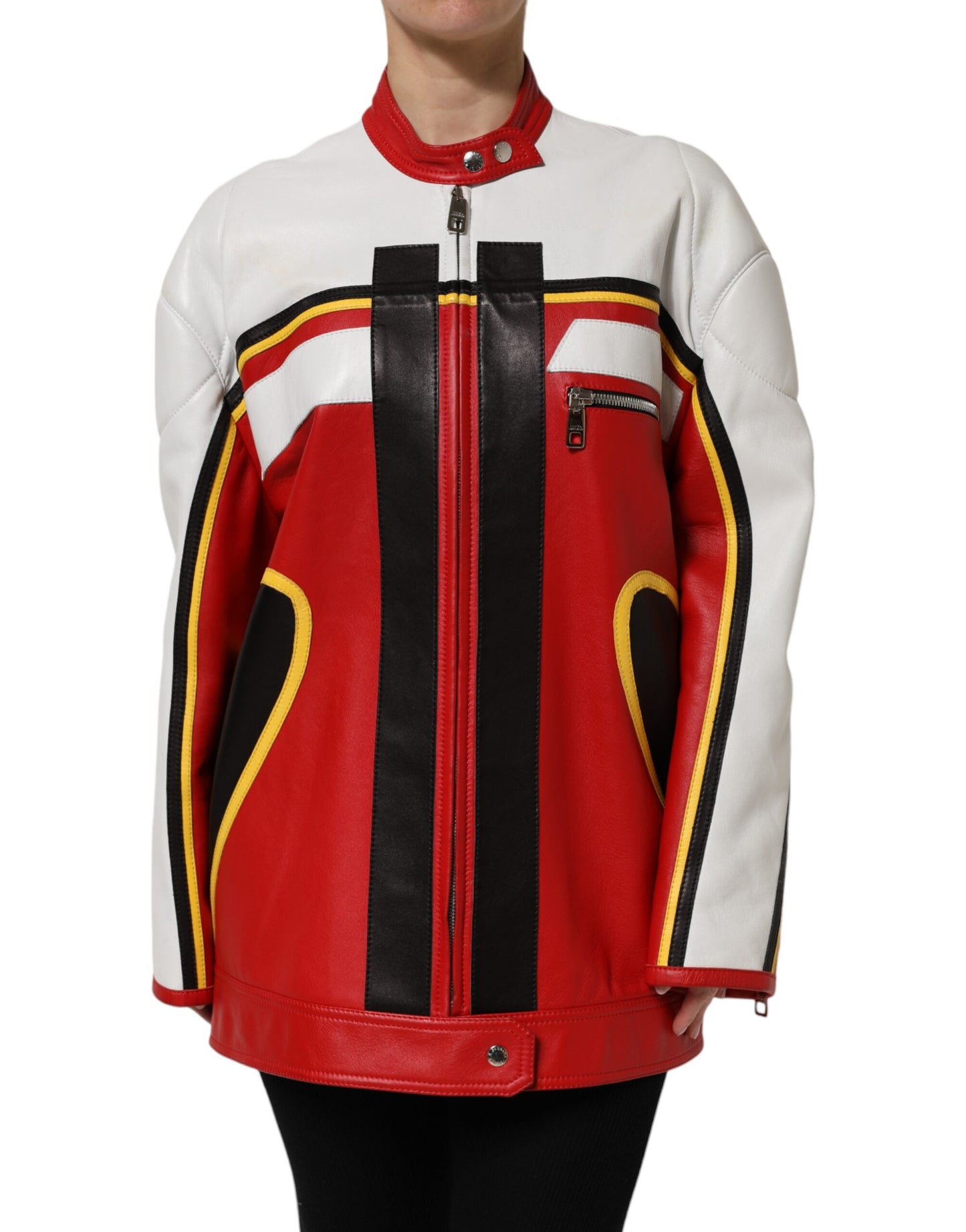 Multicolor Leather Biker Full Zip Coat Jacket