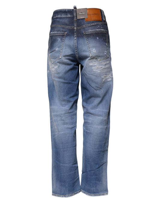 Blue Tattered Cotton Mid Waist Straight Denim Jeans