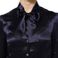 Dark Purple Silk Ascot Collared Blouse Top