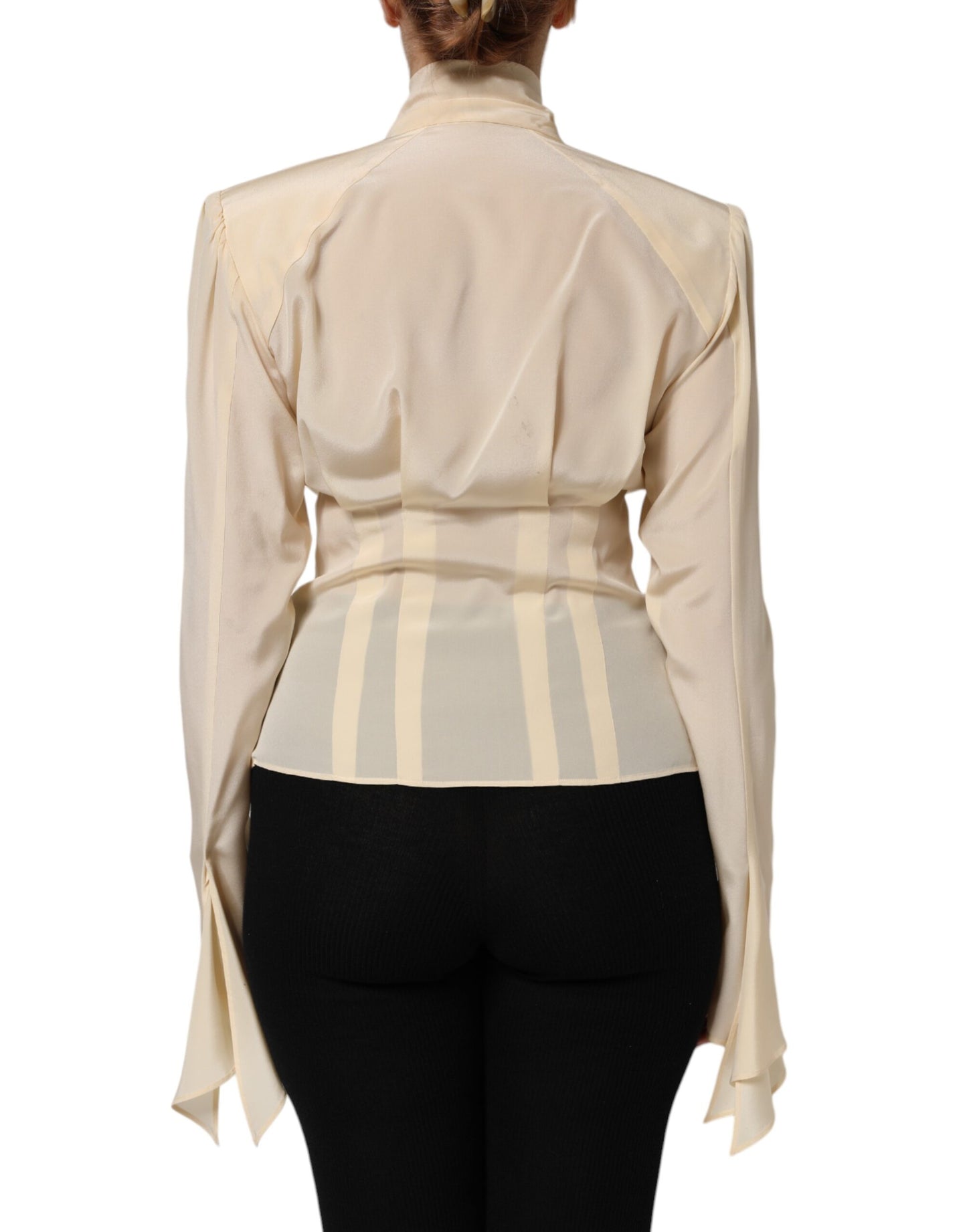 Light Yellow Silk Ascot Collared Blouse Top