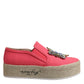 Pink Canvas Crystal Embellished Slip On Shoes