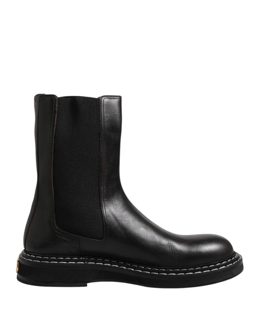Black Leather Mid Calf Boots Flats Shoes