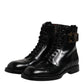 Black Leather Mid Calf Boots Lace Up Shoes