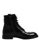 Black Leather Mid Calf Boots Lace Up Shoes