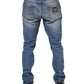 Blue Washed Tattered Logo Plaque Denim Jeans