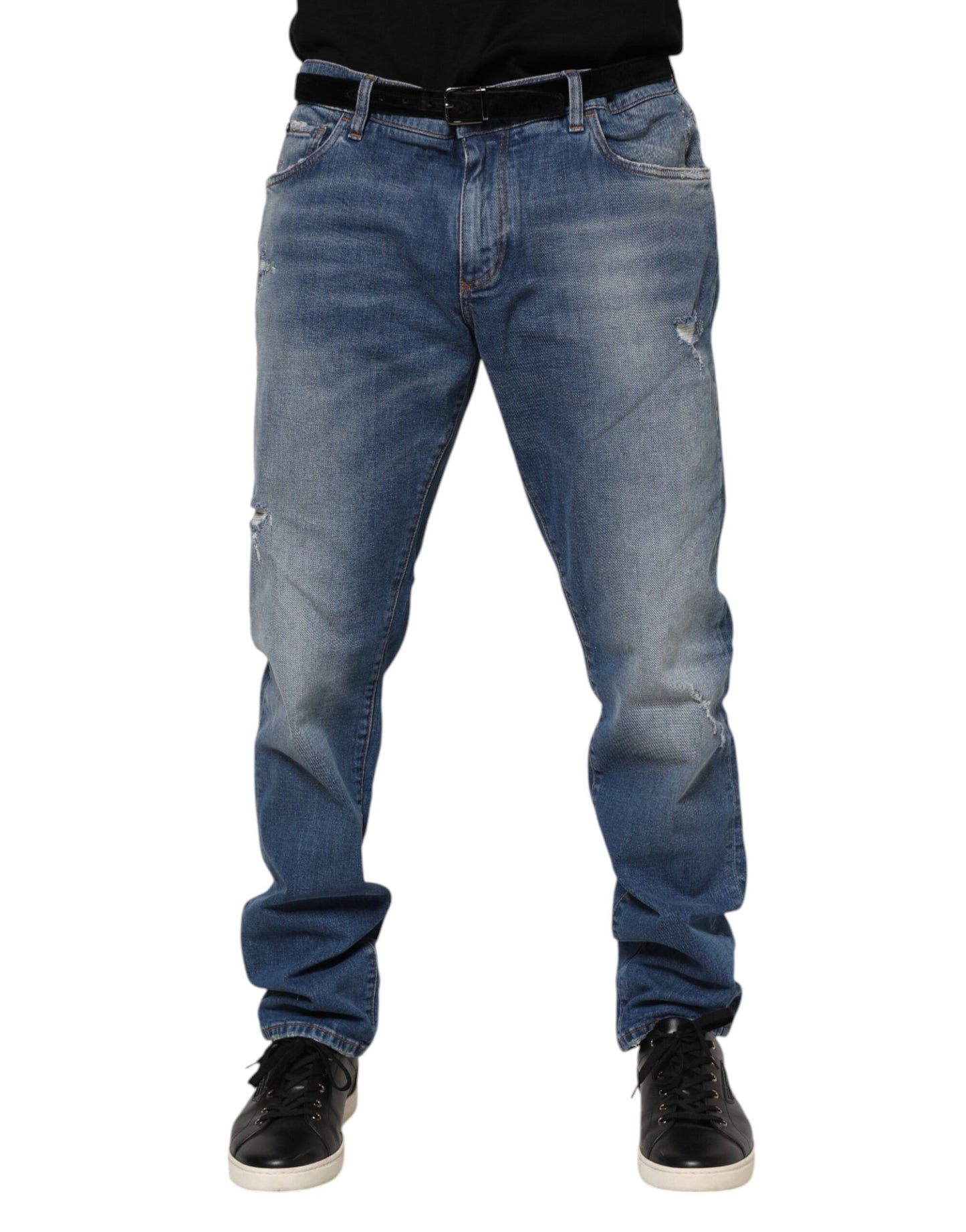 Blue Washed Cotton Logo Plaque Denim Jeans