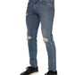 Blue Cotton Tattered Skinny Logo Denim Jeans