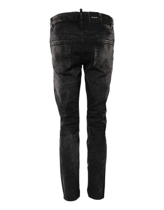 Black Washed Mid Waist Tapered Denim Jeans