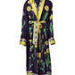 Blue Floral Print Silk Long Sleeves Wrap Robe
