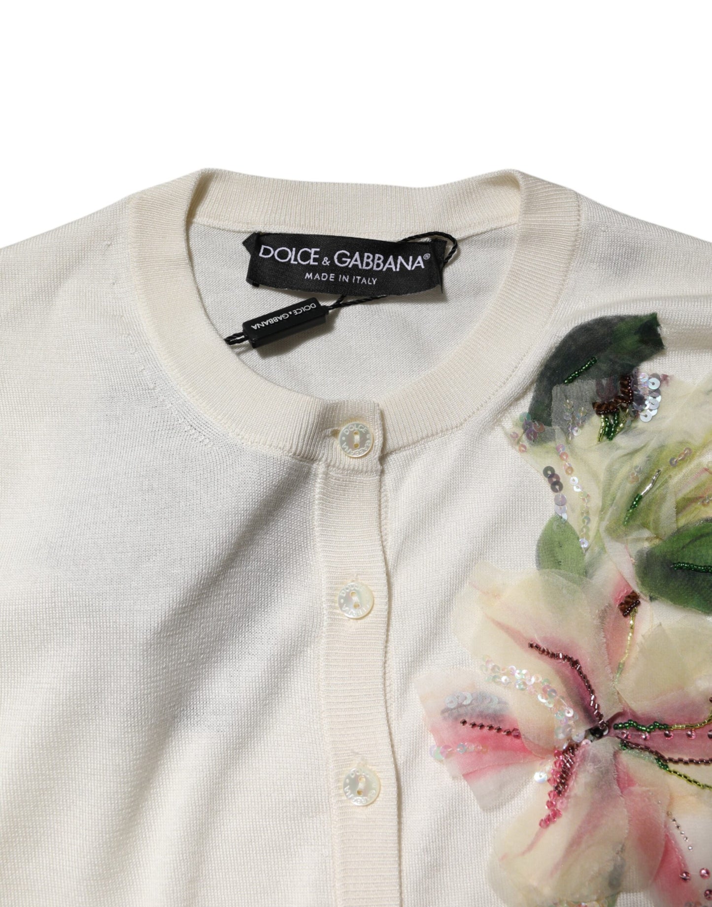 White Silk Lily Buttoned Cardigan Sweater