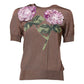 Brown Lily Embellished Round Neck Blouse Top