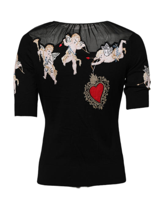 Black Sacred Heart Embroidered Crewneck Top