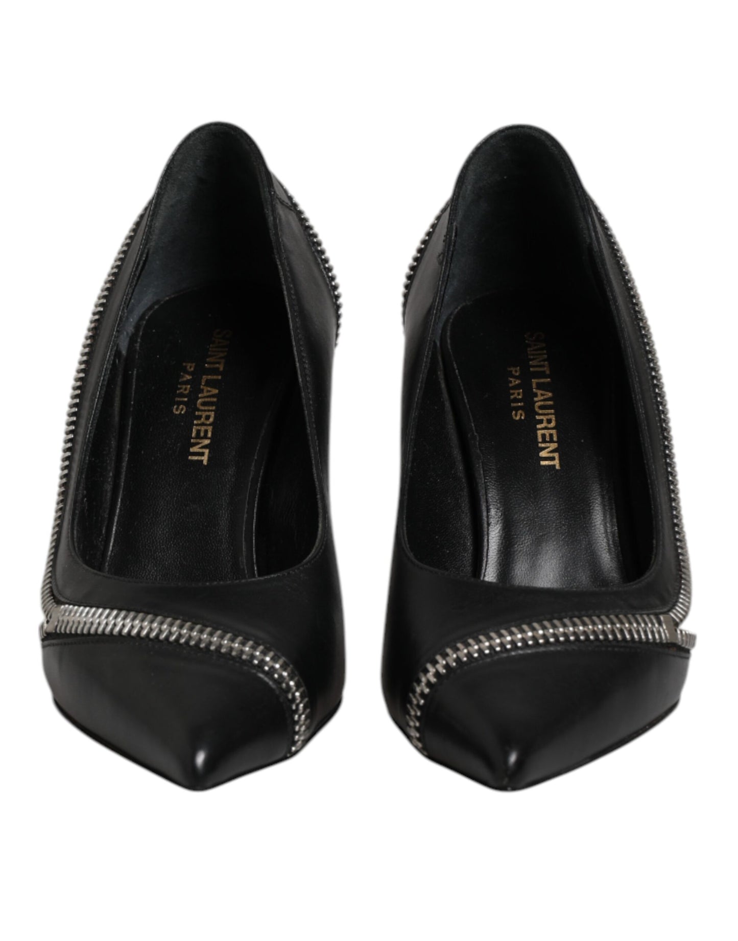 White Black Leather Pointed Toe Heels Shoes