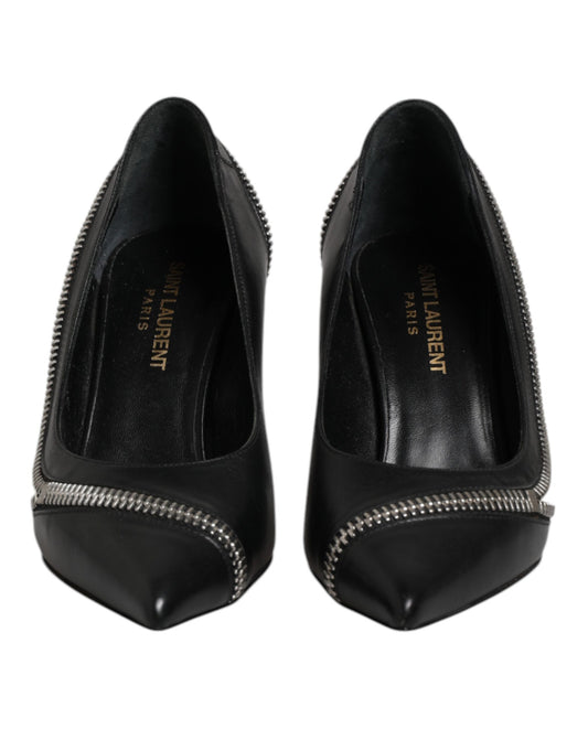 White Black Leather Pointed Toe Heels Shoes