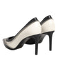 White Black Leather Pointed Toe Heels Shoes