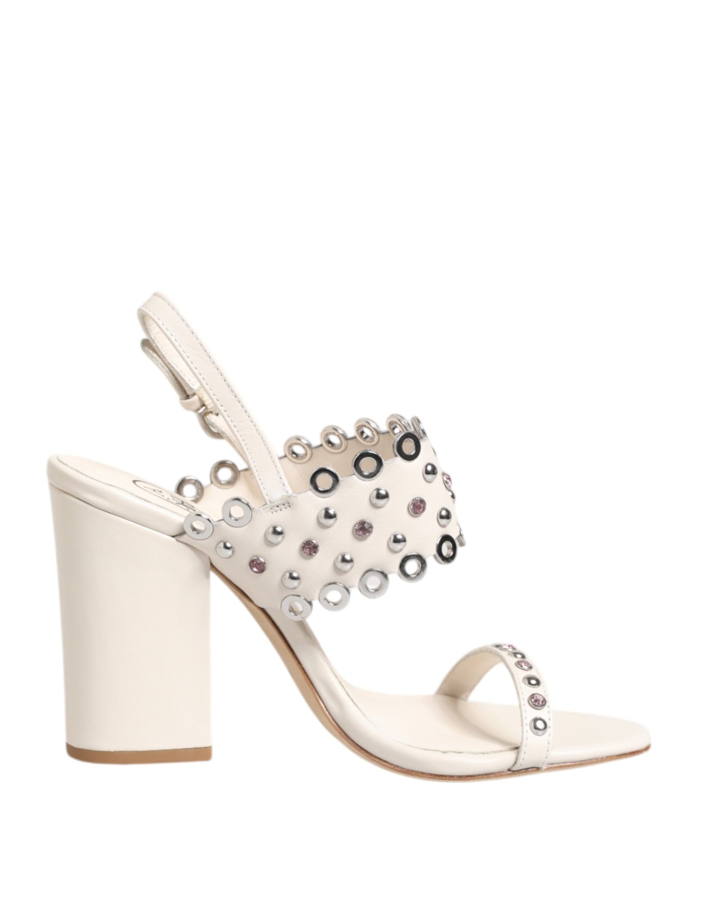 White Block Heeled Studded Quarter Strap Sandals Shoes
