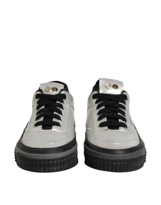 Silver Leather Lace Up Low Top Sneakers Shoes