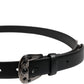Black Studded Leather Metal Logo Buckle Belt