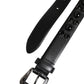 Black Studded Leather Metal Logo Buckle Belt