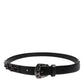 Black Studded Leather Metal Logo Buckle Belt