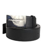 Black Leather Metal Logo Buckle Belt