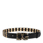 Black Leather Eyelet Crystal DG Buckle Belt