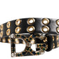 Black Leather Eyelet Crystal DG Buckle Belt