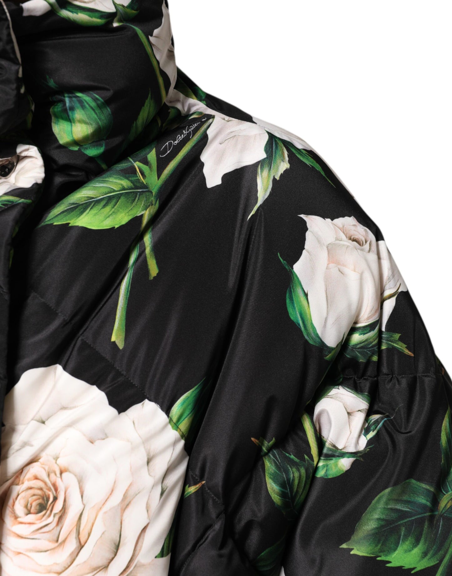 Black Floral Print Puffer Quilted Jacket