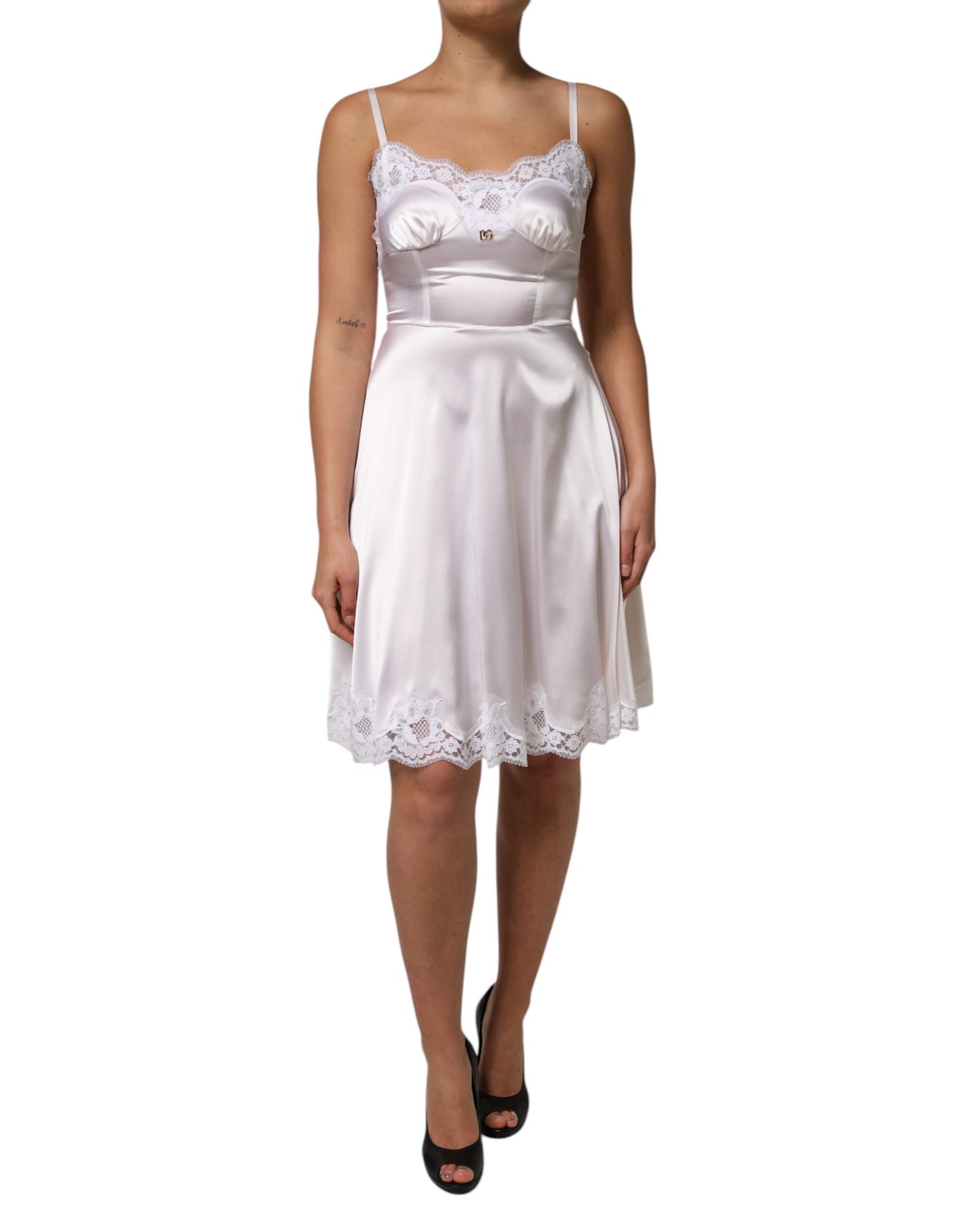 White Lace Gold DG Logo Silk Dress Sleepwear