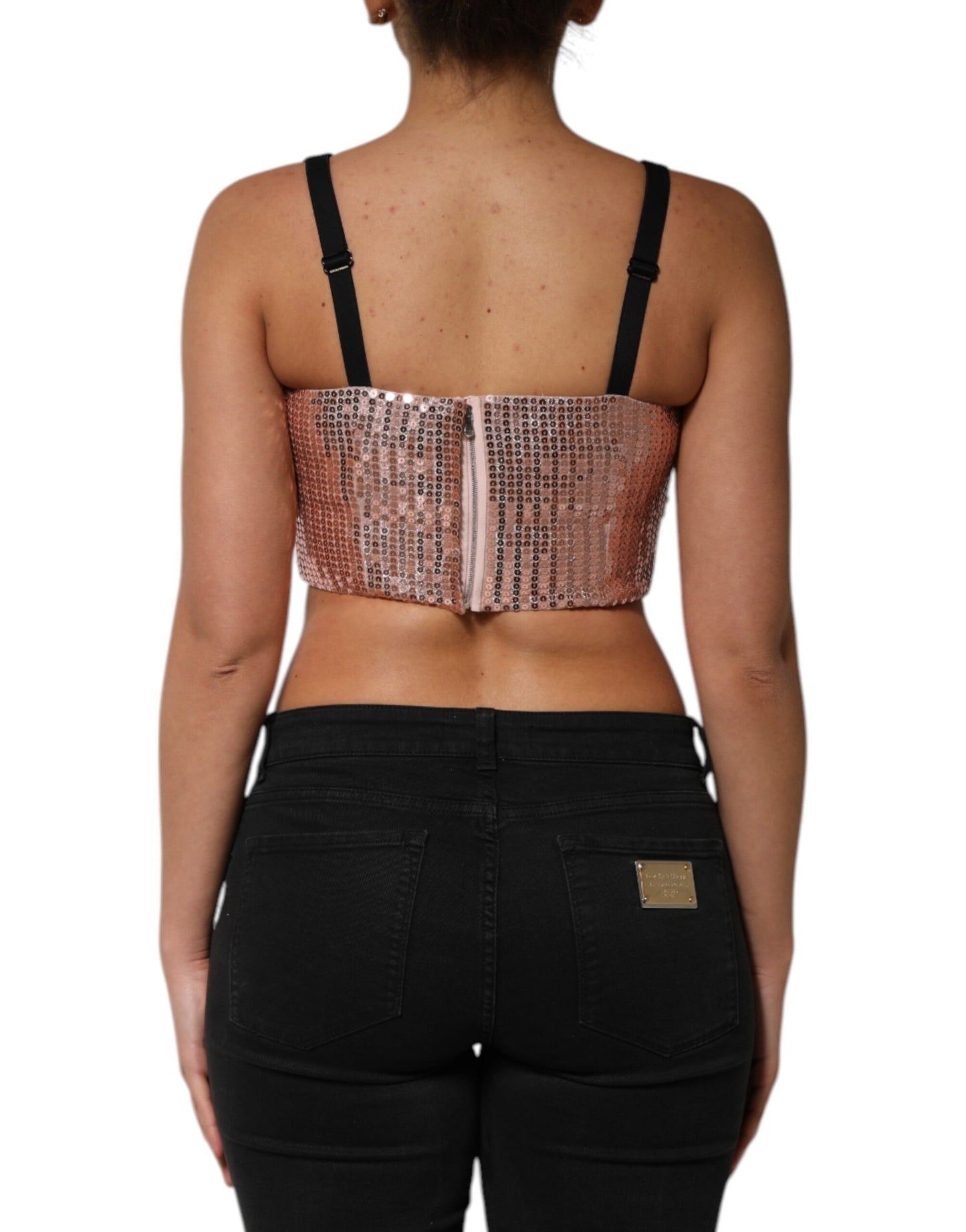 Pink Sequined Nylon Sleeveless Cropped Top