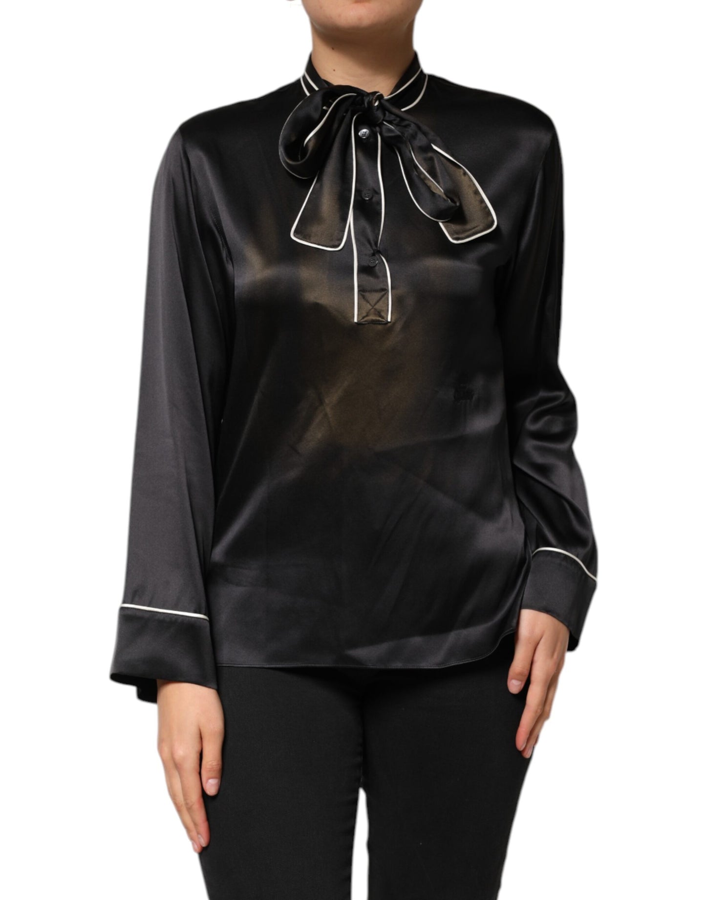 Black Silk Ascot Collared Button Blouse Top