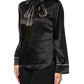 Black Silk Ascot Collared Button Blouse Top