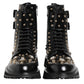 Black Studded Lace Up Mid Calf Boots Shoes