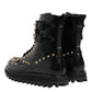 Black Studded Lace Up Mid Calf Boots Shoes