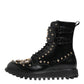 Black Studded Lace Up Mid Calf Boots Shoes