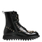 Black Studded Lace Up Mid Calf Boots Shoes