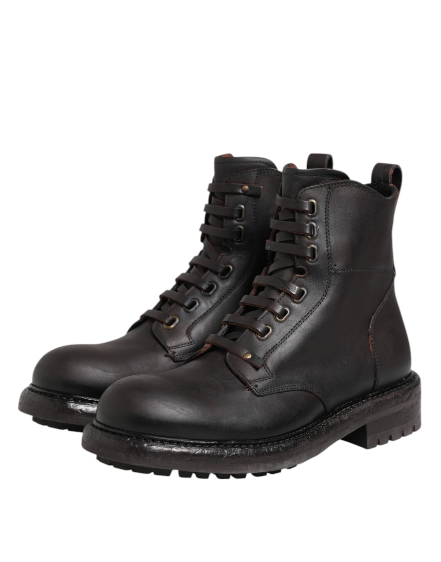 Dark Brown Leather Lace Up Mid Calf Boots Shoes
