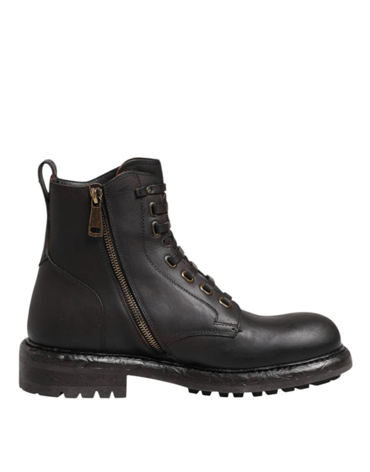 Dark Brown Leather Lace Up Mid Calf Boots Shoes
