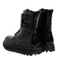 Black Leather Lace Up Mid Calf Boots Shoes