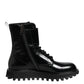 Black Leather Lace Up Mid Calf Boots Shoes