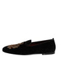 Black Velvet Gold Crown Mens Loafers Shoes