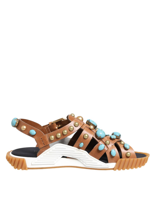 Brown Leather Studded Slides Sandals Shoes