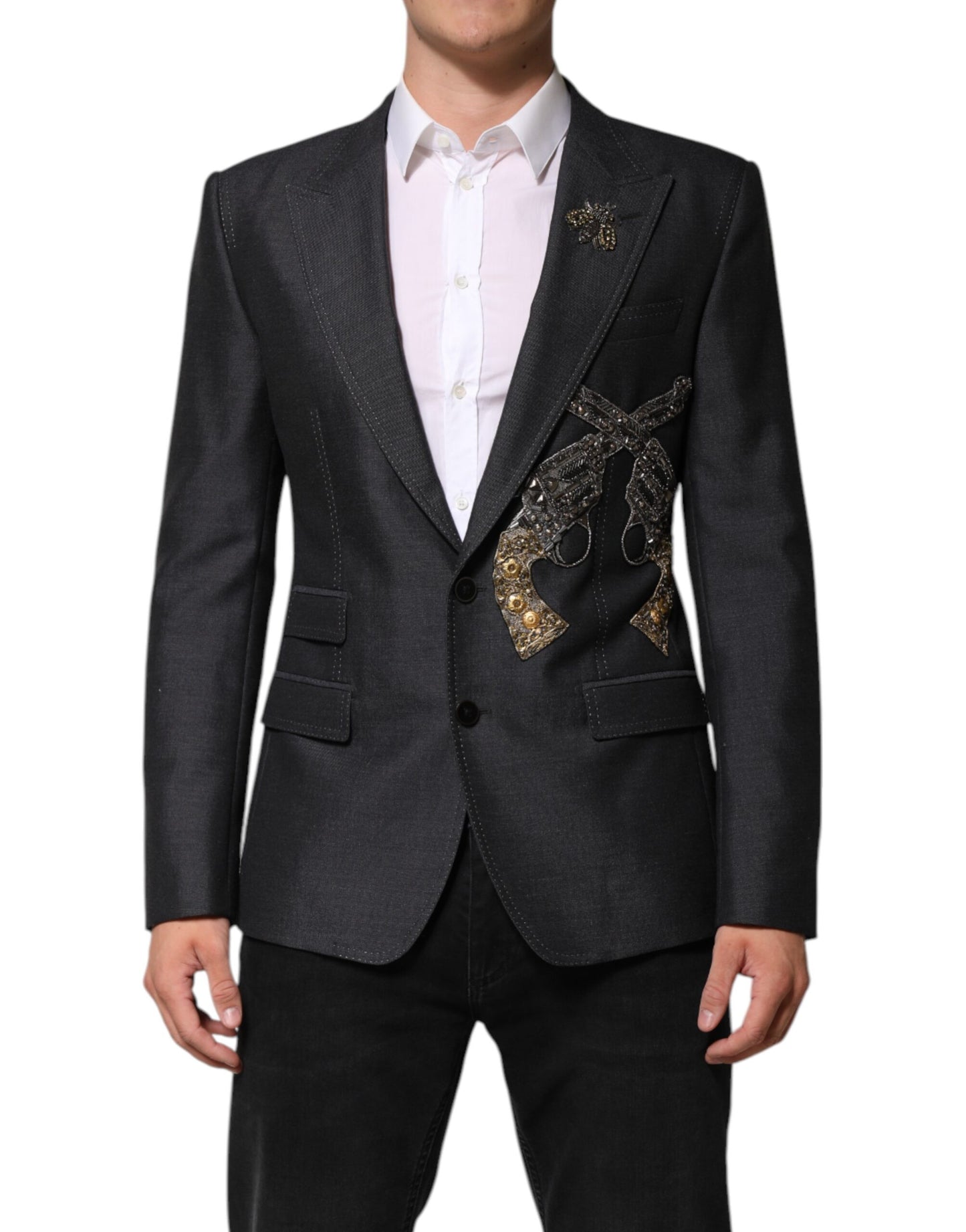 Dark Gray Bee Embroidery Wool Coat Blazer