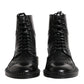 Black Leather Lace Up Mid Calf Boots Shoes