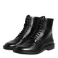 Black Leather Lace Up Mid Calf Boots Shoes