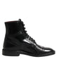 Black Leather Lace Up Mid Calf Boots Shoes