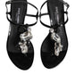 Black Leather Crystal Ankle Strap Sandals Shoes
